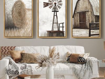 NEW 24x36 (3) Farmhouse Wall Art Vintage Rustic Windmill Barn Cornfield Pictures Framed Painting Landscape Countryside Rural