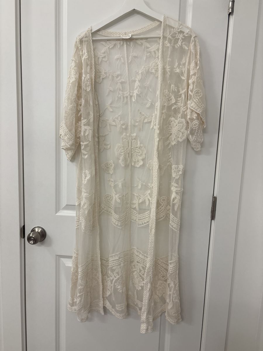 Cream Crochet Lace Kimono Duster Cardigan Sheer Open Front Boho Cover-Up