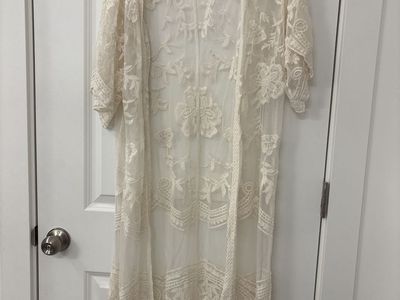 Cream Crochet Lace Kimono Duster Cardigan Sheer Open Front Boho Cover-Up