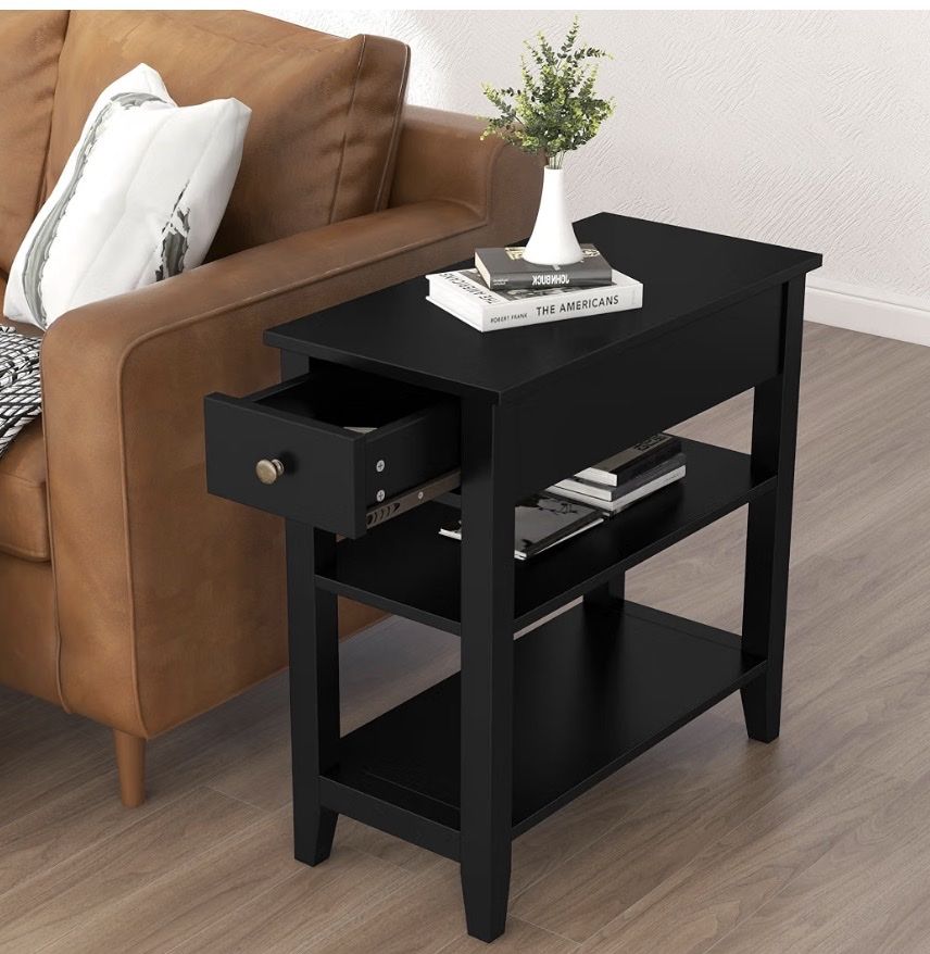 Black Wooden Narrow End Table with Drawer and Storage Shelves (ZY2003)