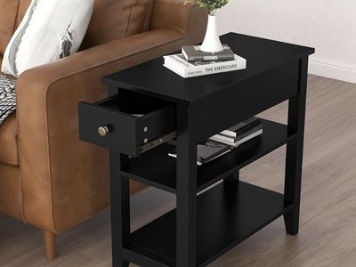 Black Wooden Narrow End Table with Drawer and Storage Shelves (ZY2003)