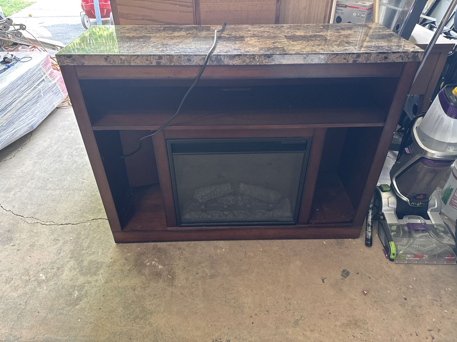 Electric Fireplace TV Stand with Faux Marble Top and Open Shelving