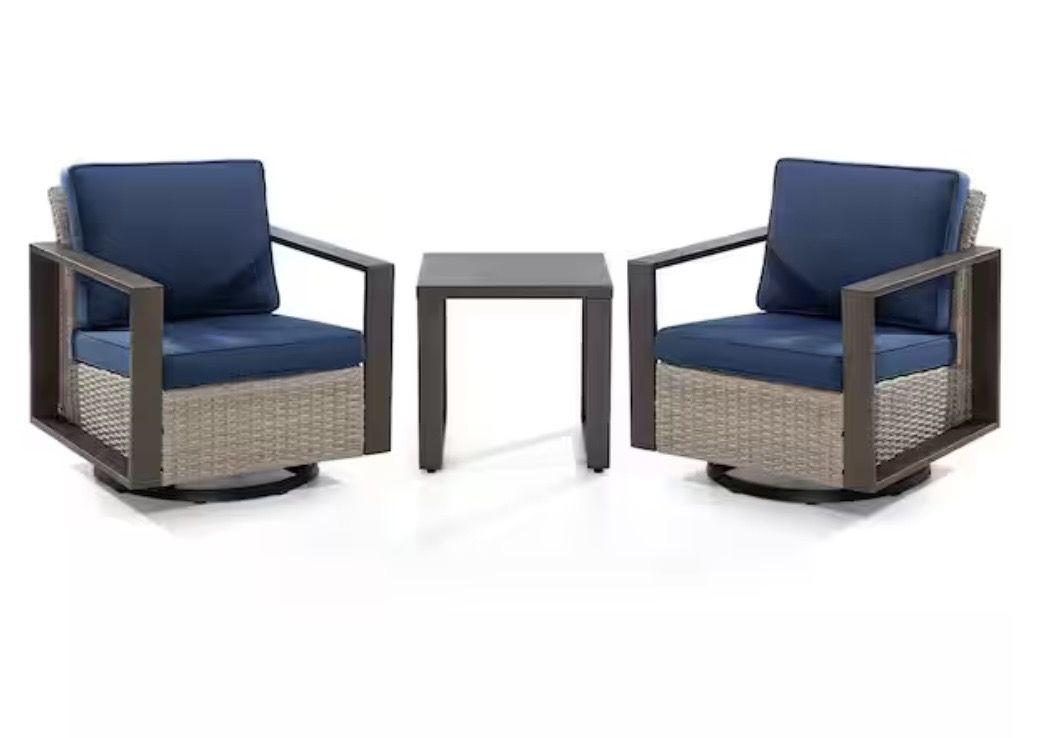 3-Piece Wicker Swivel Outdoor Rocking Chairs Patio Conversation Set with Metel Frame and Dark Blue Cushions