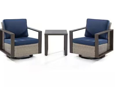 3-Piece Wicker Swivel Outdoor Rocking Chairs Patio Conversation Set with Metel Frame and Dark Blue Cushions