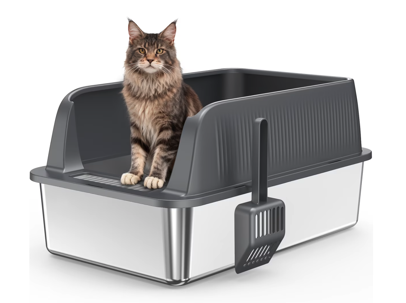 New in Box Stainless Steel Cat Litter Box with Scoop, High-Sided, Odor-Resistant