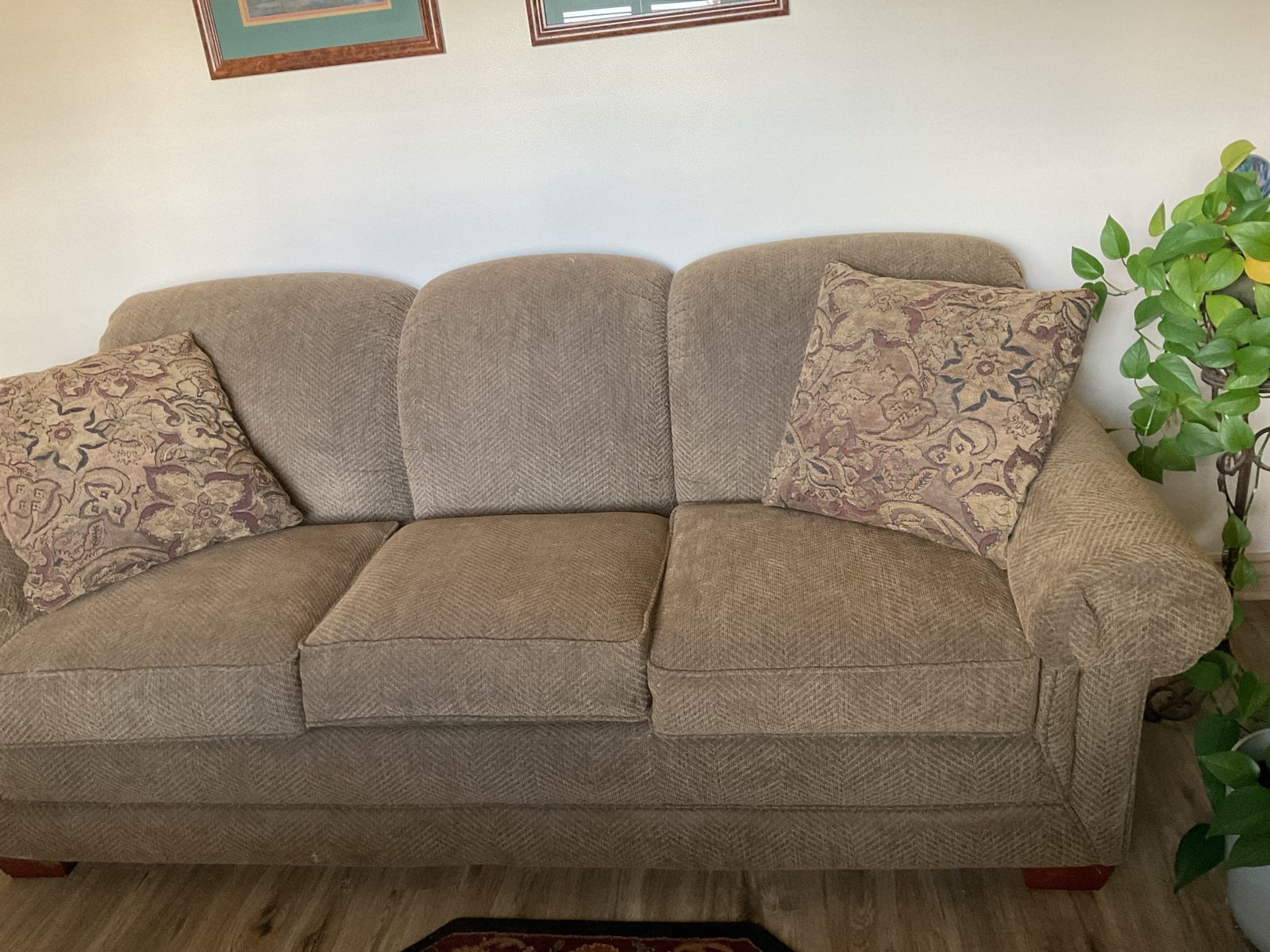Lazy boy Comfortable Brown Fabric Couch with Patterned Accent Pillows 
