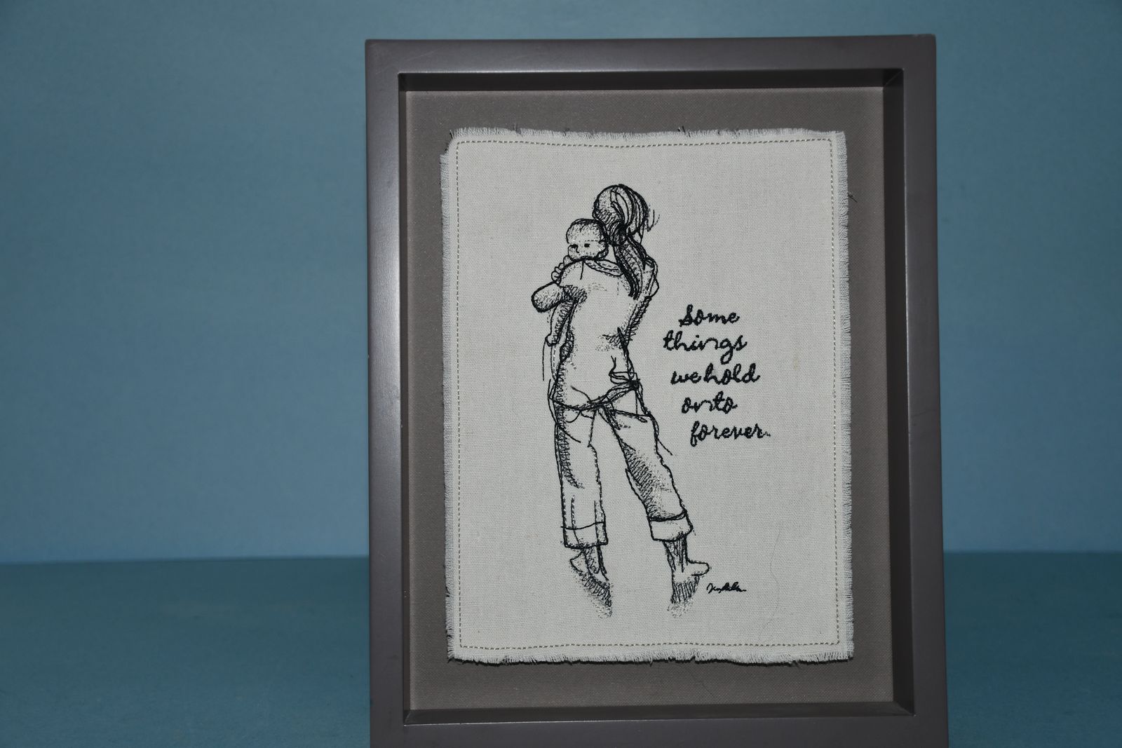 CUTE HALLMARK "SOME THINGS WE HOLD ONTO FOREVER" STITCHED PICTURE ~ 8" x 10" FRAMED ~ GRAY FRAME ~ EASEL/HANGER BACK