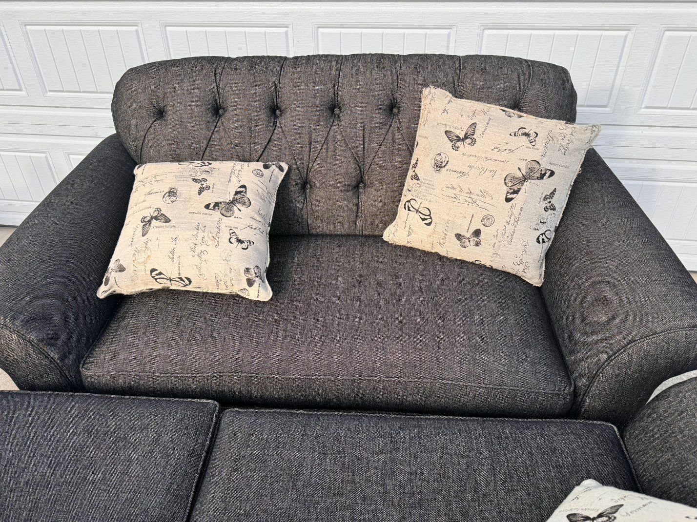 Stylish Charcoal Grey Tufted Fabric Loveseats with Butterfly Accent Pillows (Set of 2)