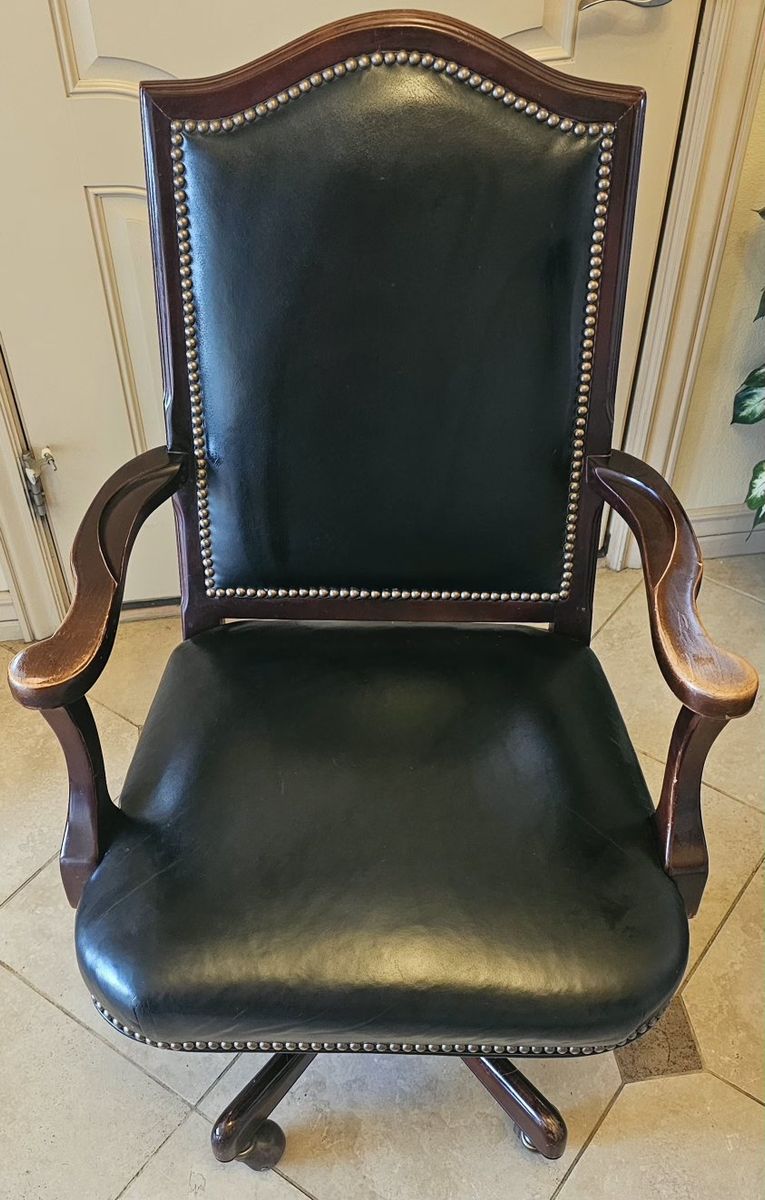 Vintage Style Wood & Black Leather Swivel Office Chair with Nailhead Trim