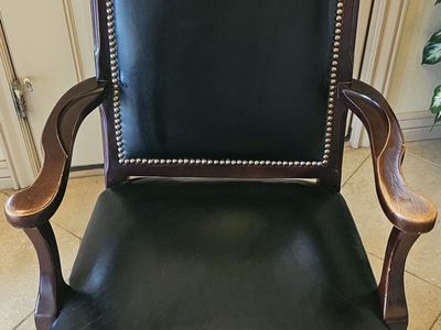 Vintage Style Wood & Black Leather Swivel Office Chair with Nailhead Trim