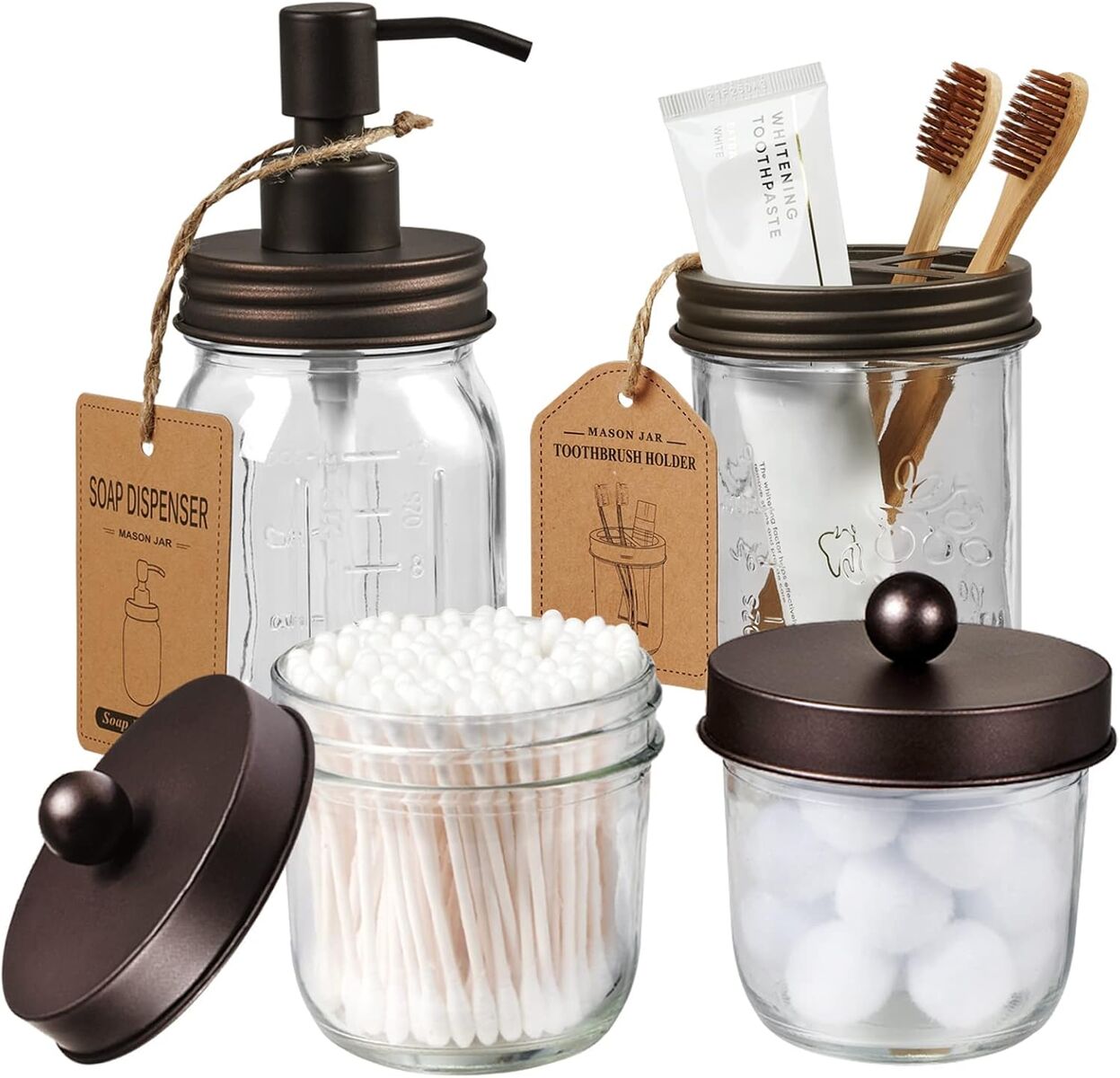 New Mason Jar Bathroom Accessories Set 4 Items