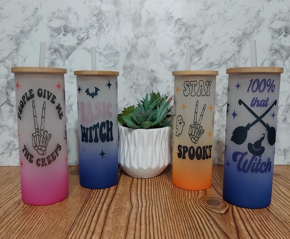 Set of 4 Halloween Glass Tumblers, 16oz Gradient Color Changing Cups with Bamboo Lids & Straws