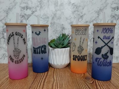Set of 4 Halloween Glass Tumblers, 16oz Gradient Color Changing Cups with Bamboo Lids & Straws
