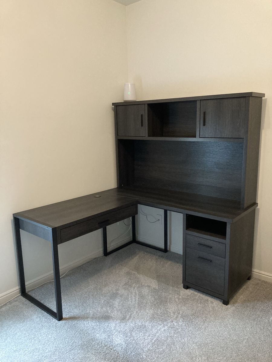 Modern L-Shaped Desk with Hutch and Drawers - Dark Gray Wood Finish