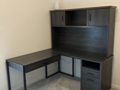 Modern L-Shaped Desk with Hutch and Drawers - Dark Gray Wood Finish