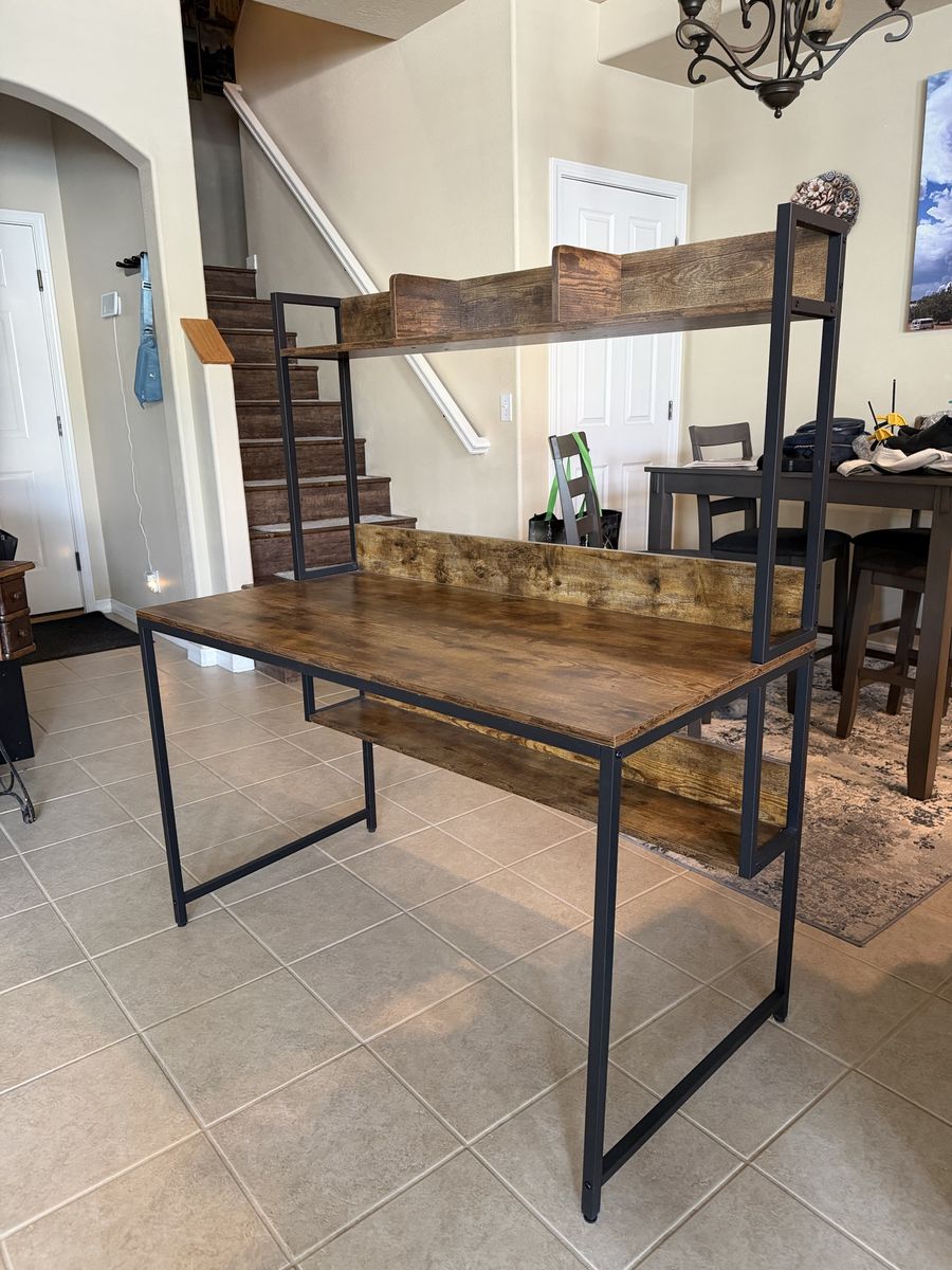 Rustic Industrial Computer Desk with Storage Hutch and Lower Shelf 