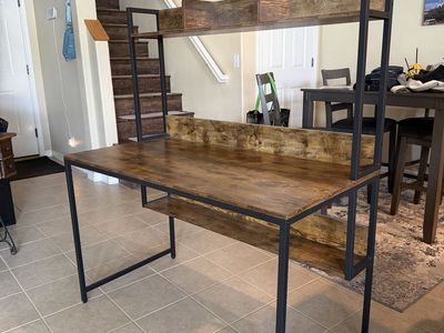 Rustic Industrial Computer Desk with Storage Hutch and Lower Shelf