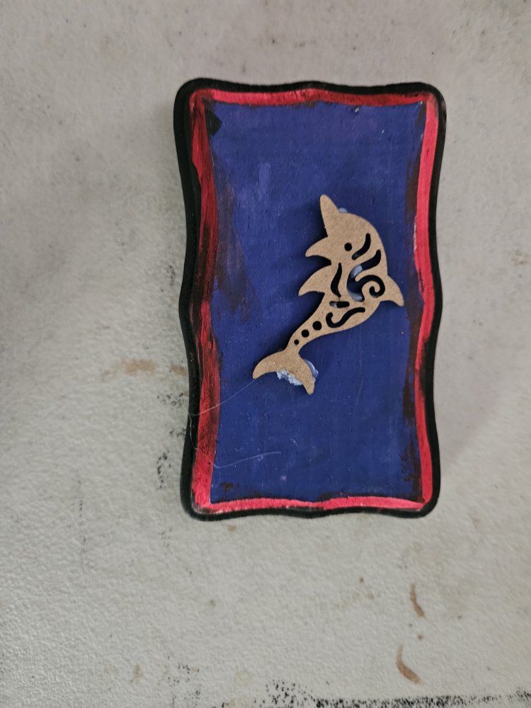 Handmade Dolphin Art - Blue & Red Wood Cutout with Intricate Design