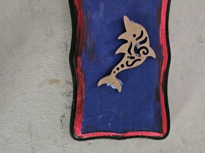 Handmade Dolphin Art - Blue & Red Wood Cutout with Intricate Design