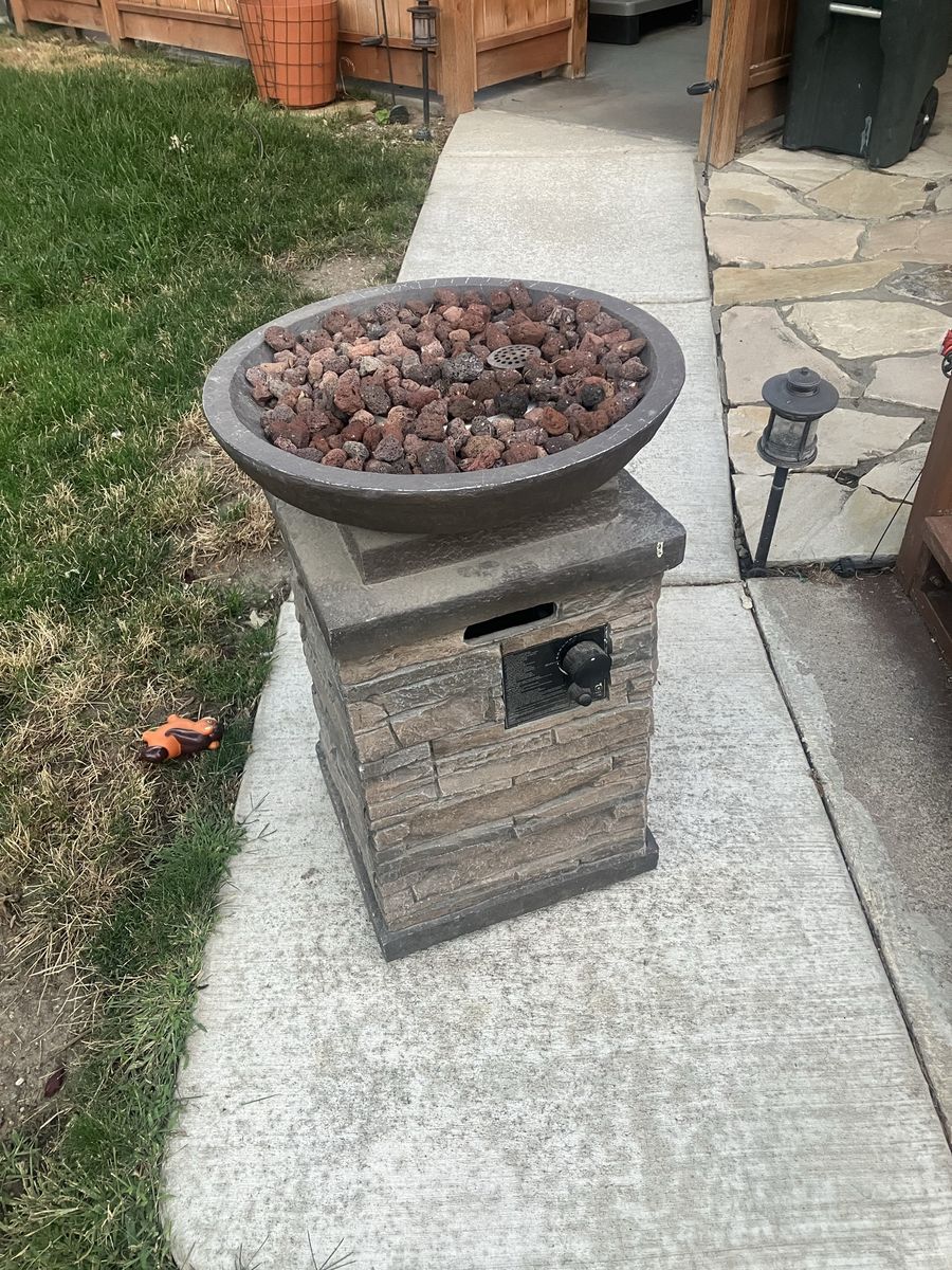 Outdoor Gas Fire Pit Table with Faux Stone Base and Lava Rocks
