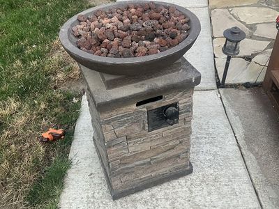 Outdoor Gas Fire Pit Table with Faux Stone Base and Lava Rocks