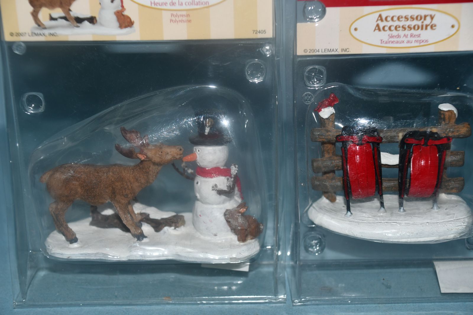2 NEW VINTAGE LEMAX FIGURES ~ SLEDS & SNOWMAN with DEER ~ SNACK TIME & SLEDS AT REST ~ BOTH FOR $5