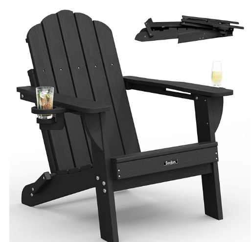 Folding Adirondack Chair, All-Weather Patio Chair with 2 Cup Holders