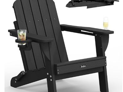 Folding Adirondack Chair, All-Weather Patio Chair with 2 Cup Holders