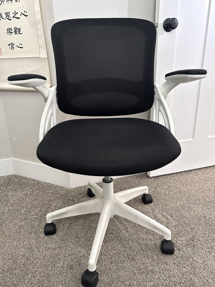 Black Mesh Ergonomic Office Chair with White Base and Flip-Up Arms