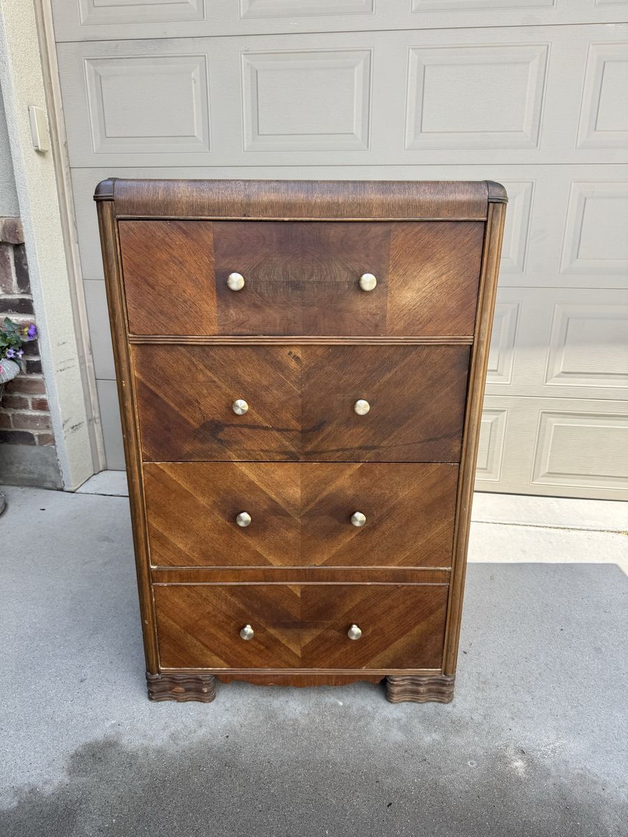 Vintage Art Deco Waterfall Wood 4-Drawer Dresser Chest