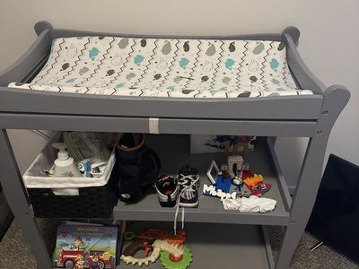 Wooden Baby Changing Table with Pad and Storage Shelves - Gray