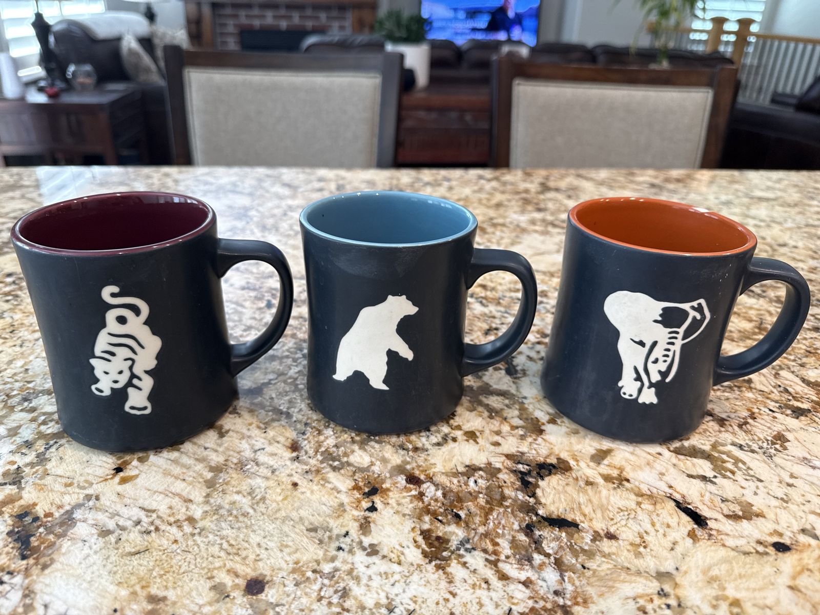 Set of 3 Starbucks Animal Themed Coffee Mugs - Black with Colored Interiors (Tiger, Bear, Elephant)