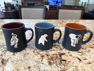 Set of 3 Starbucks Animal Themed Coffee Mugs - Black with Colored Interiors (Tiger, Bear, Elephant)
