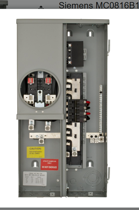 Siemens MC0816B1200ESN 120/240 VAC 200 Amp 1-Phase 3-Wire Ring Type Combination Meter Load Center