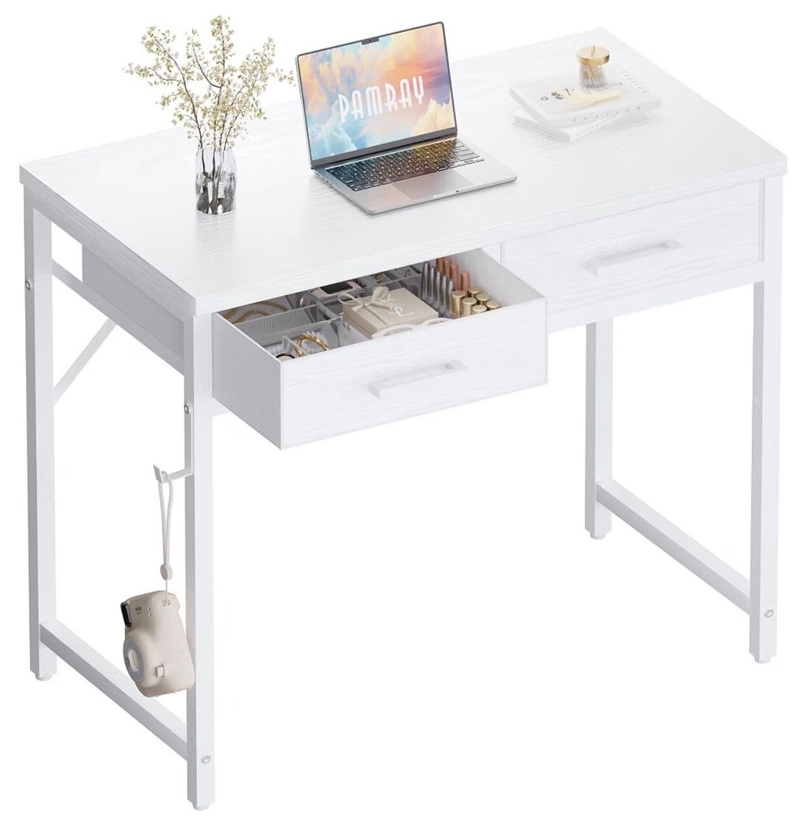 Small White 32-Inch Desk with 2 Drawers