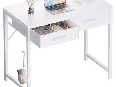 Small White 32-Inch Desk with 2 Drawers