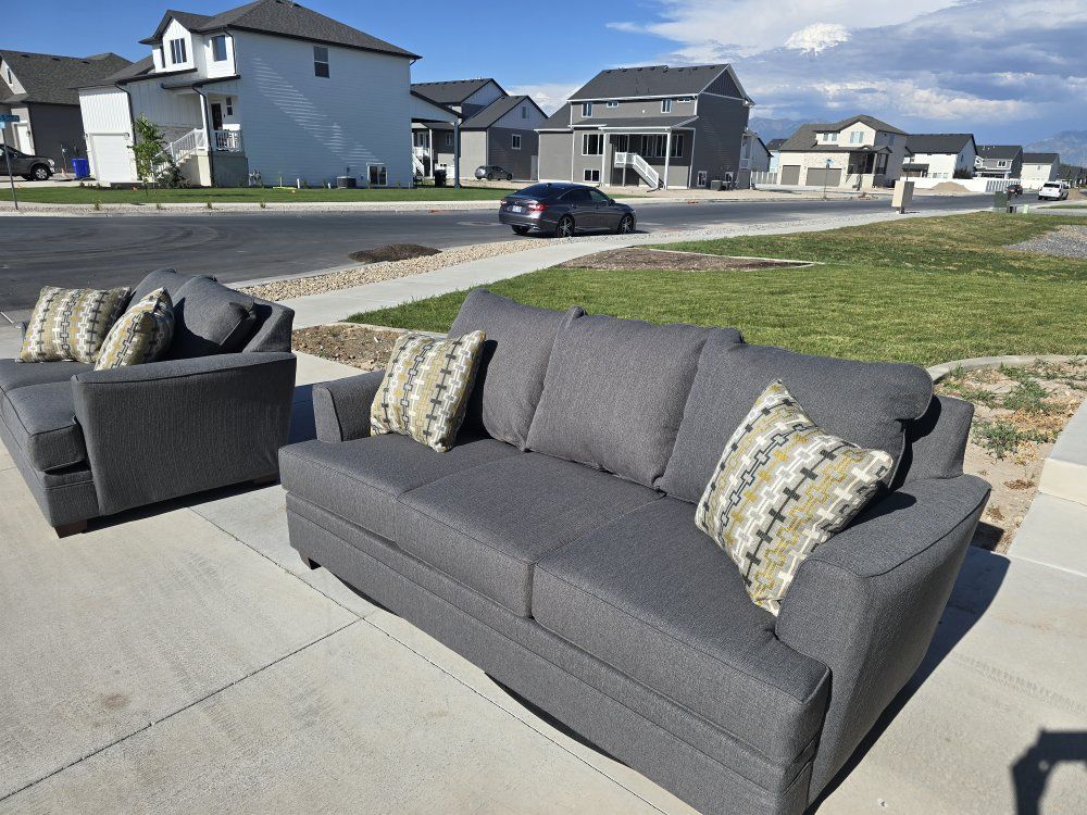 Gray Fabric Sofa and Loveseat Set with Accent Pillows - new condition