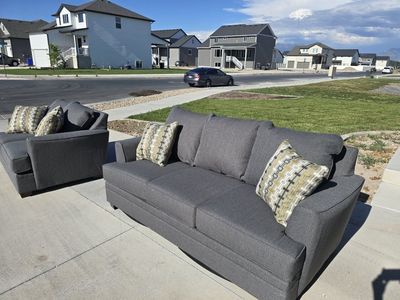 Gray Fabric Sofa and Loveseat Set with Accent Pillows - new condition