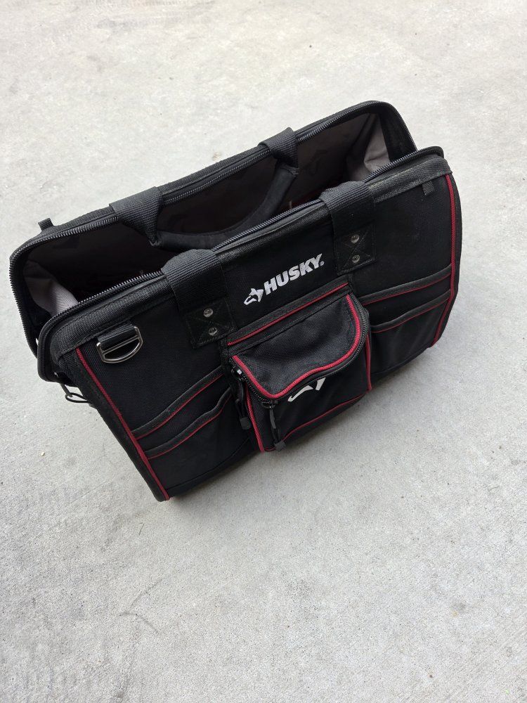 Husky 18-inch Black/Red Tool Bag with Multiple Pockets, Heavy-Duty Canvas