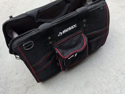 Husky 18-inch Black/Red Tool Bag with Multiple Pockets, Heavy-Duty Canvas