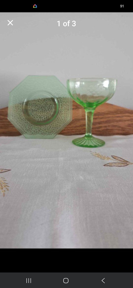 Uranium Glass Desert Plate and Champagne Glass