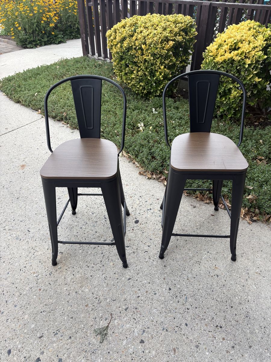 Set of 2 Metal Counter Height Barstools with Wood Seats