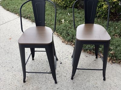 Set of 2 Metal Counter Height Barstools with Wood Seats