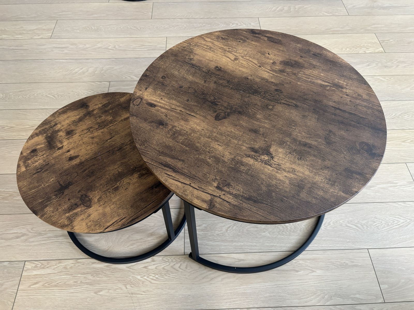 Industrial Style Nesting Coffee Tables - Round, Dark Wood Grain & Black Metal Legs (Set of 2)