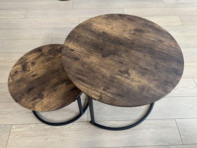 Industrial Style Nesting Coffee Tables - Round, Dark Wood Grain & Black Metal Legs (Set of 2)