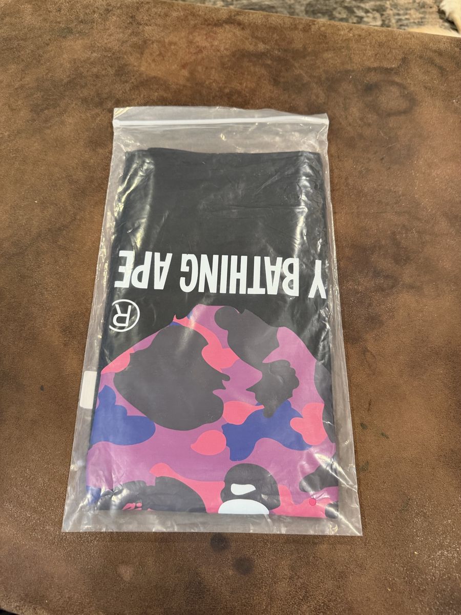 BAPE A Bathing Ape Men's Pink Blue Camo Ape Head Black T-shirt - Size Medium, New in Package