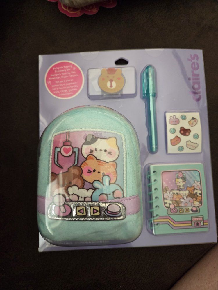 Claire's Backpack Keyring Stationery Set - Pen, Notebook, Eraser, Stickers, New