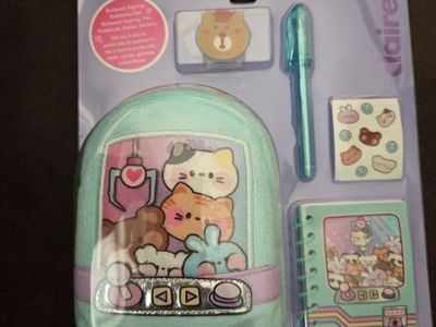 Claire's Backpack Keyring Stationery Set - Pen, Notebook, Eraser, Stickers, New