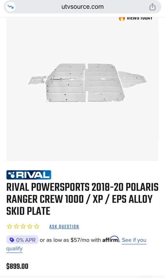 Rival Powersports Polaris Ranger XP 1000 Crew Alloy Skid Plate