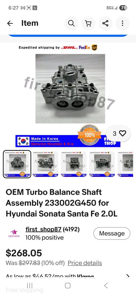 Turbo balance shaft assembly. Hyundai 2.0l
